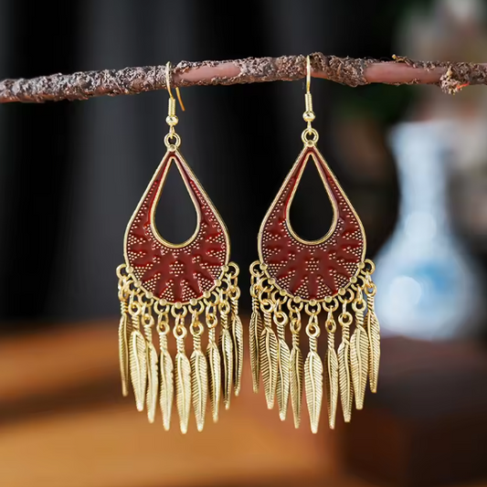 Bohemian Red Tribe Leaf Dangle Gold Earrings