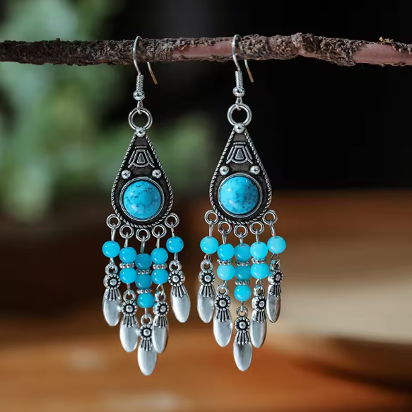 Vintage Boho Beads Silver Tribe Dangle Earrings