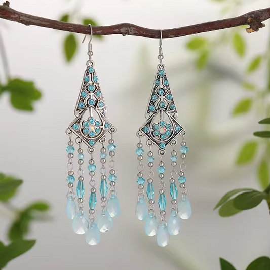 Light Blue Beads Crystal Handmade Tassel Earrings