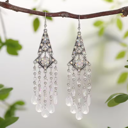 White Crystal Elegant Beads Tassel Earrings