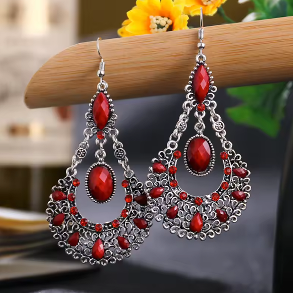 Vintage Boho Red Bead Crystal Earrings