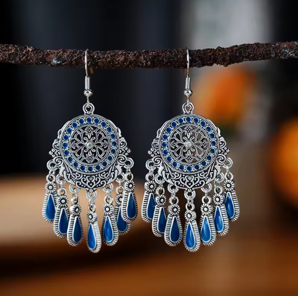 Vintage Waterdrop Blue Tassel Boho Earrings