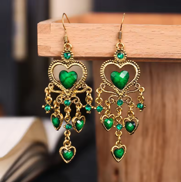 Vintage Rhinestone Dangle Heart Earrings