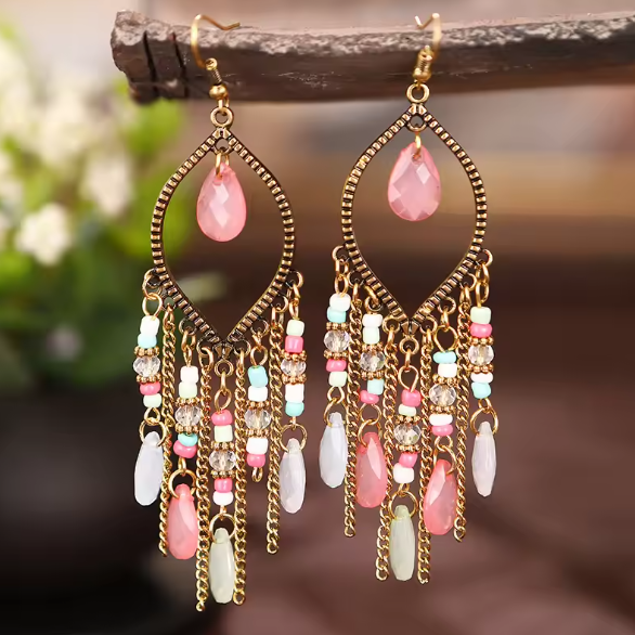 Crystal Chain Handmade Beads Tassel Earrings