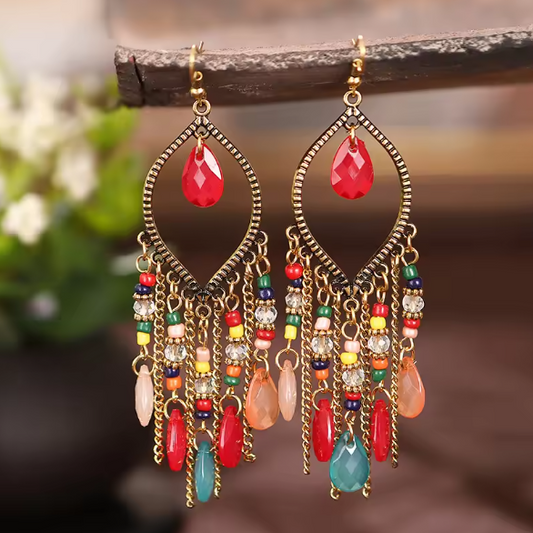 Vintage Colorful Crystal Chain Tassel Earrings