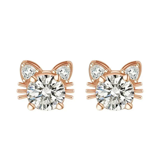 Moissanite Rose Gold Cat Stud Earrings in 925 Sterling Silver