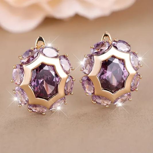 Rounded Violet Zirconia Gold Earrings
