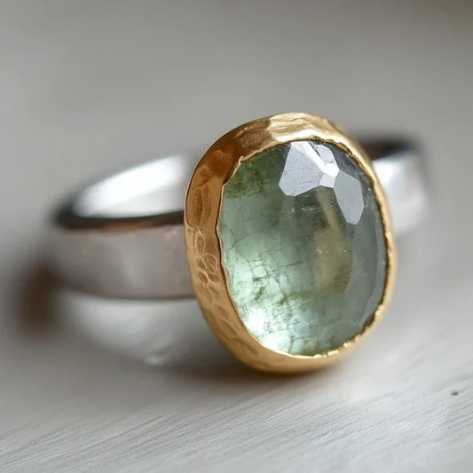 Vintage Green Stone Gold & Silver Forged Ring